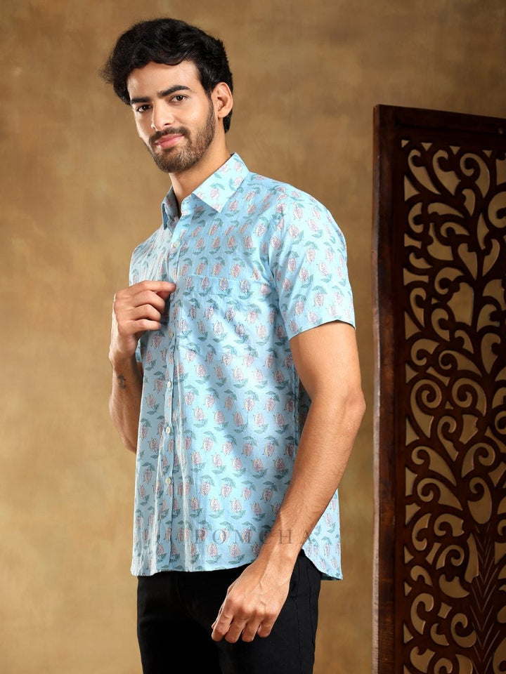 VISTAAR BLUE COTTON HAND BLOCK SHIRT - Pomcha Jaipur
