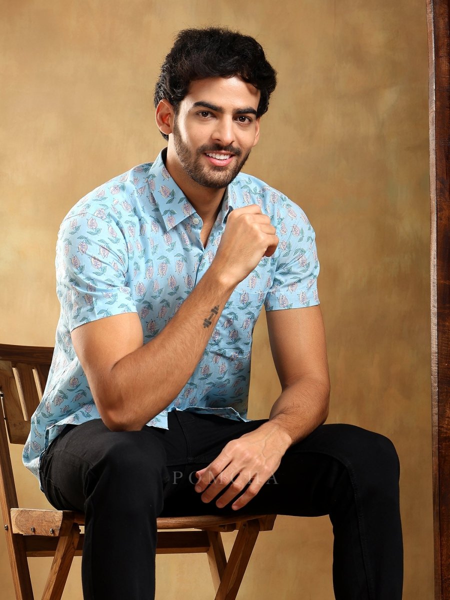 VISTAAR BLUE COTTON HAND BLOCK SHIRT - Pomcha Jaipur