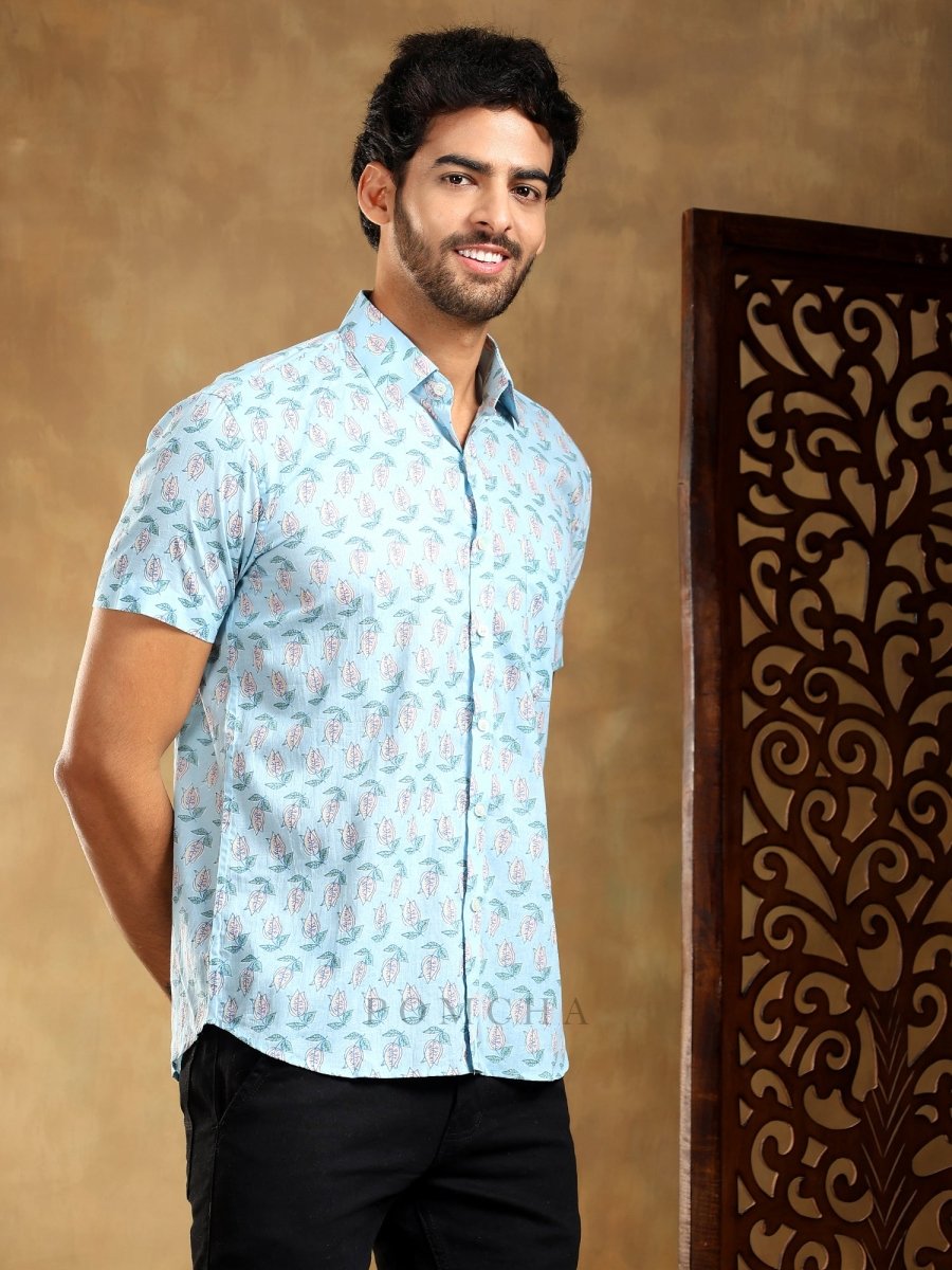 VISTAAR BLUE COTTON HAND BLOCK SHIRT - Pomcha Jaipur