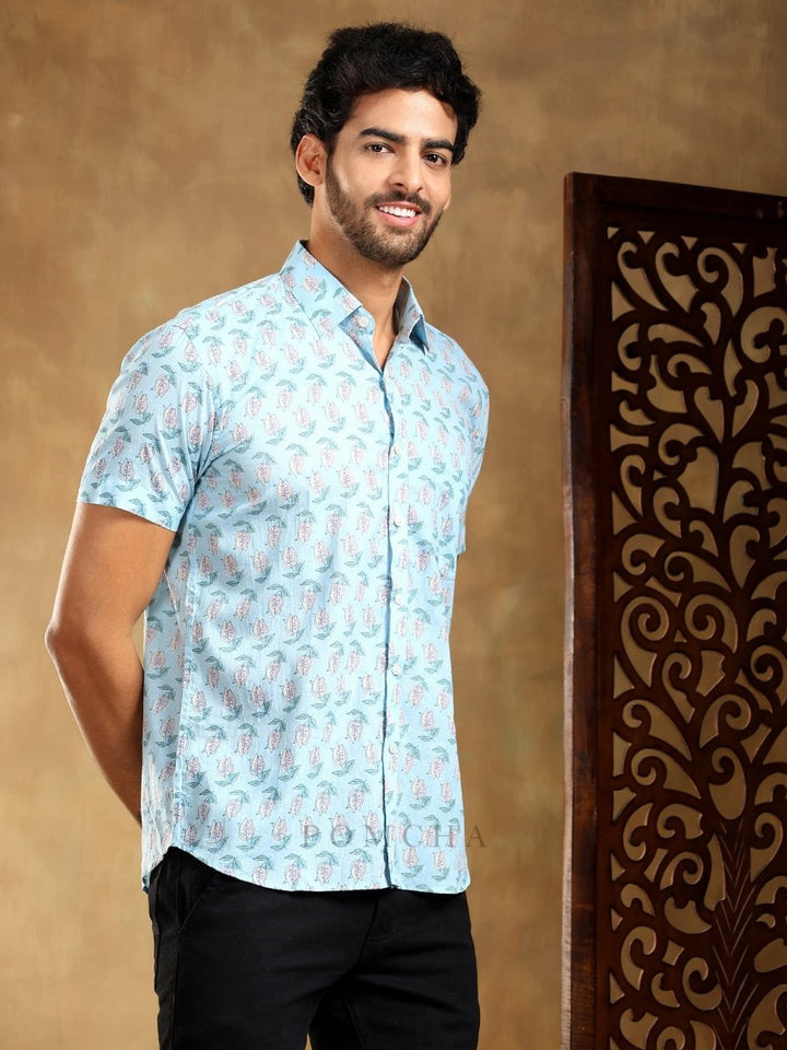 VISTAAR BLUE COTTON HAND BLOCK SHIRT - Pomcha Jaipur