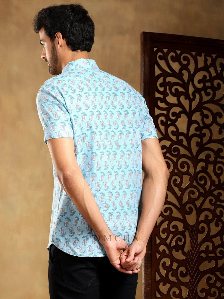 VISTAAR BLUE COTTON HAND BLOCK SHIRT - Pomcha Jaipur