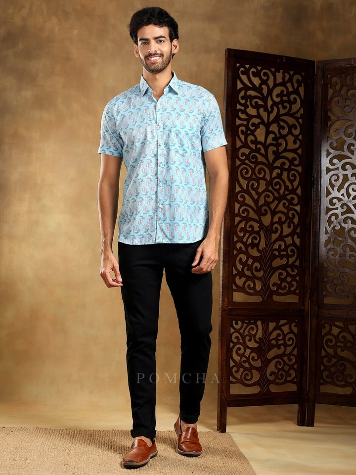 VISTAAR BLUE COTTON HAND BLOCK SHIRT - Pomcha Jaipur