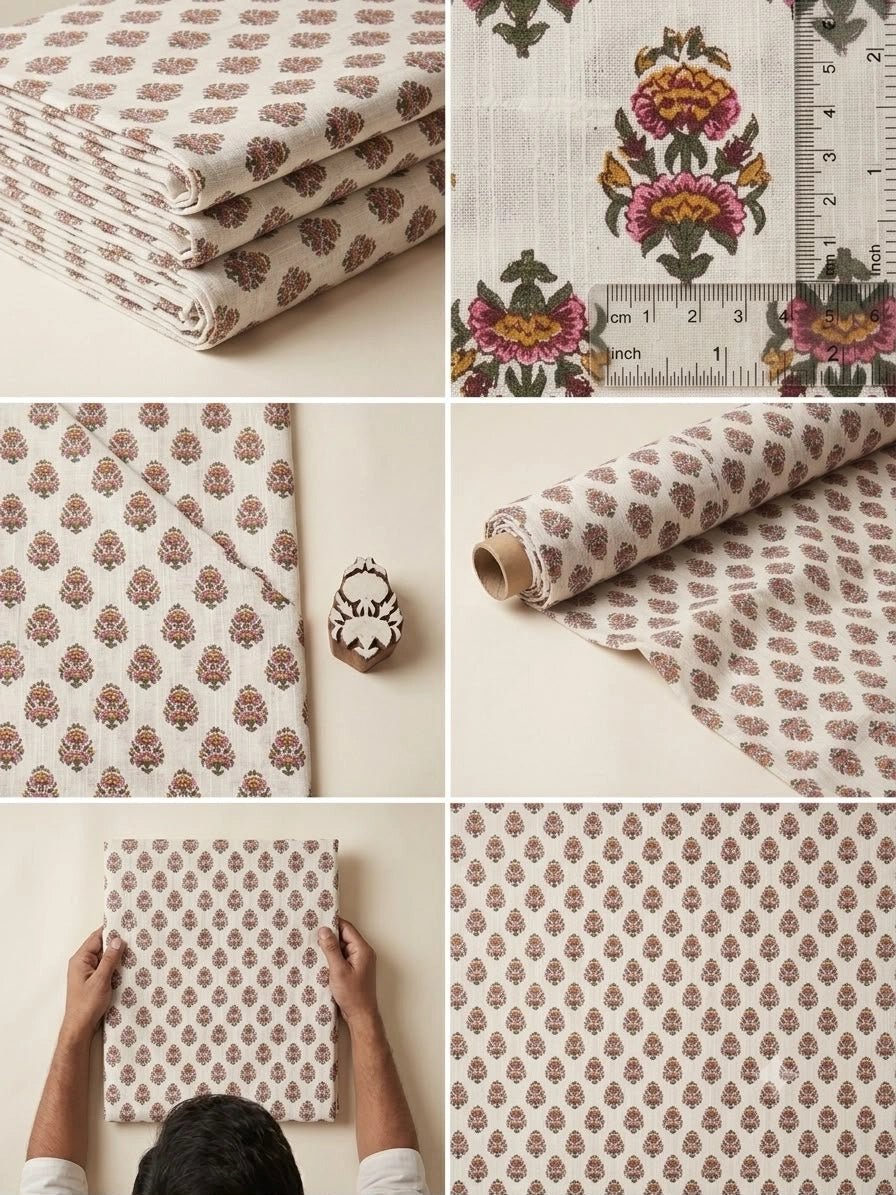 WHITE COTTON BUTTI HAND BLOCK FABRIC - Pomcha Jaipur