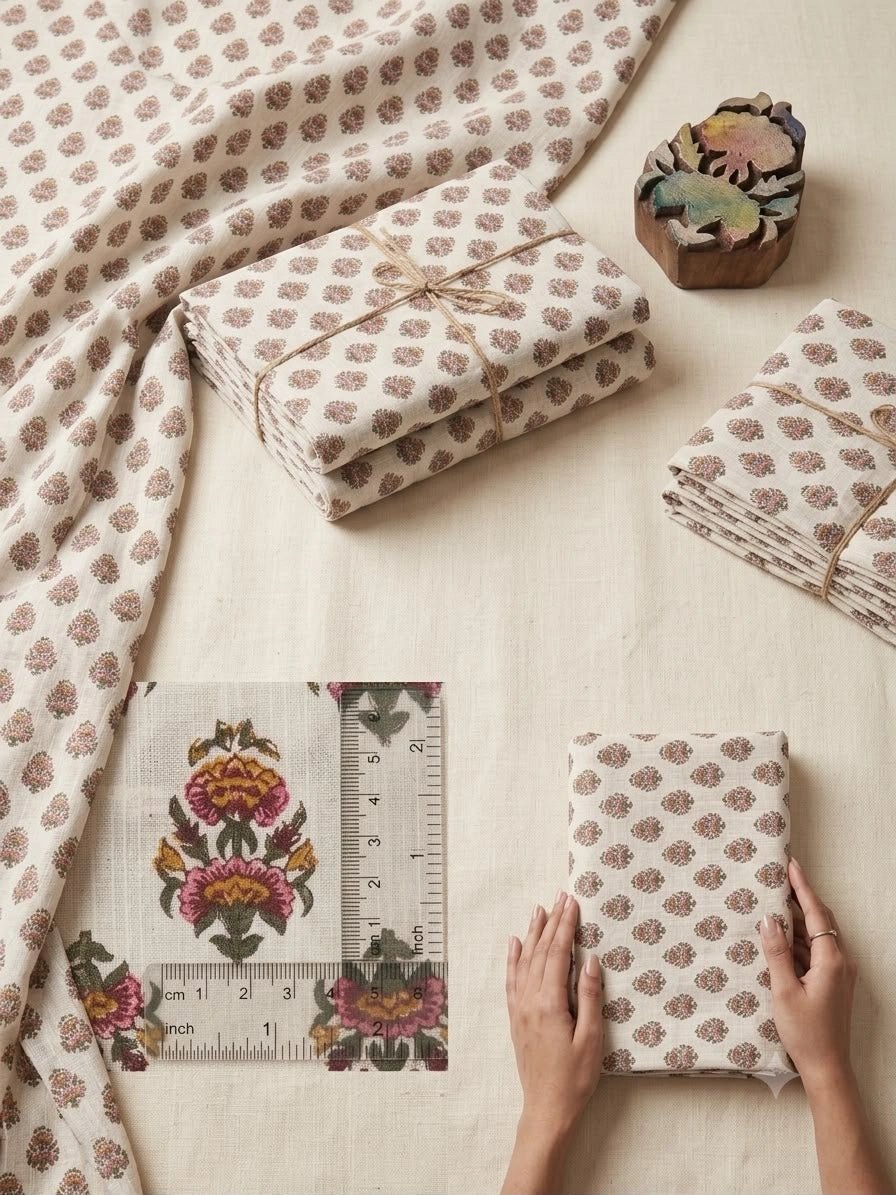 WHITE COTTON BUTTI HAND BLOCK FABRIC - Pomcha Jaipur