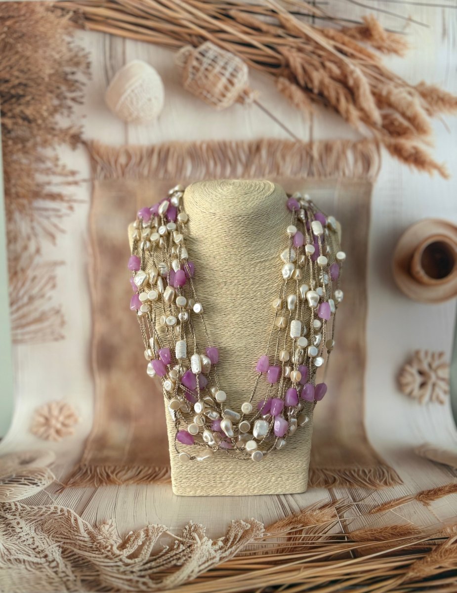 WHITE PEARL PURPLE JUTE THREAD HAND MADE NECKLACE - Pomcha Jaipur