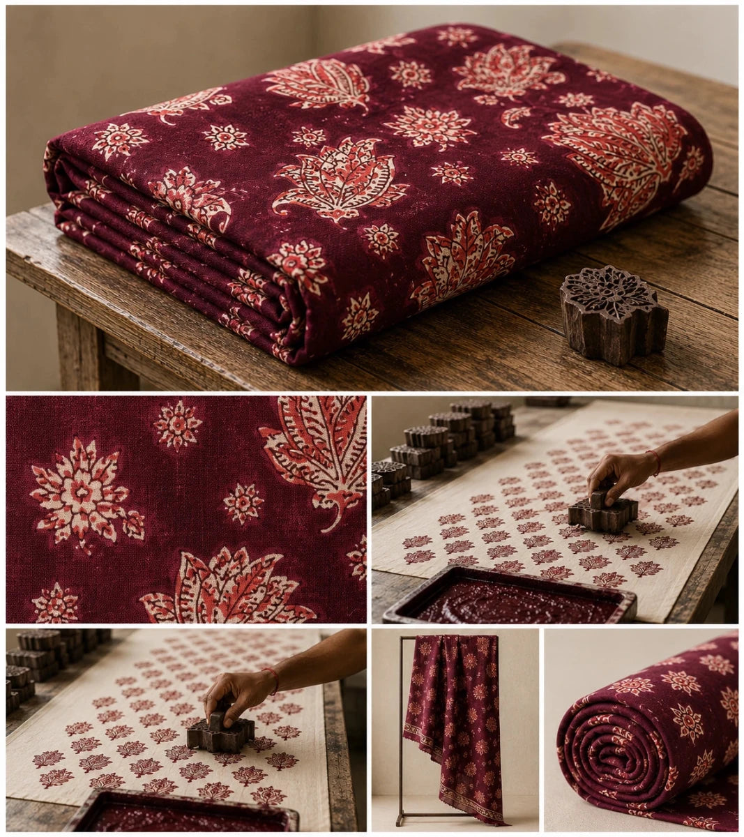 WINE FLORA COTTON HAND BLOCK PRINT FABRIC - Pomcha Jaipur