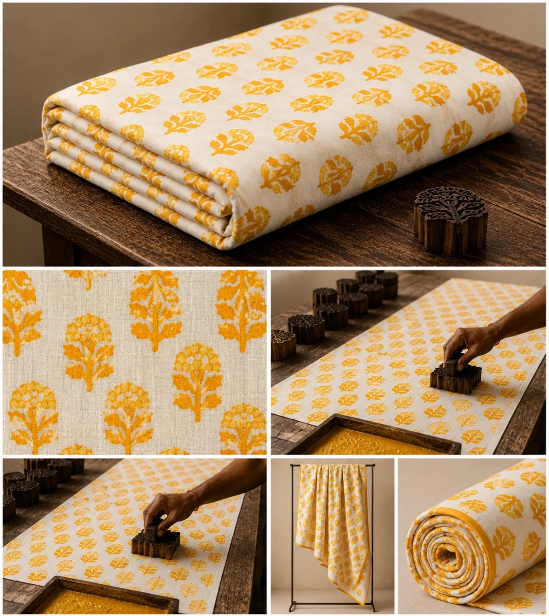 YELLOW BUTI HAND BLOCK PRINT COTTON FABRIC - Pomcha Jaipur