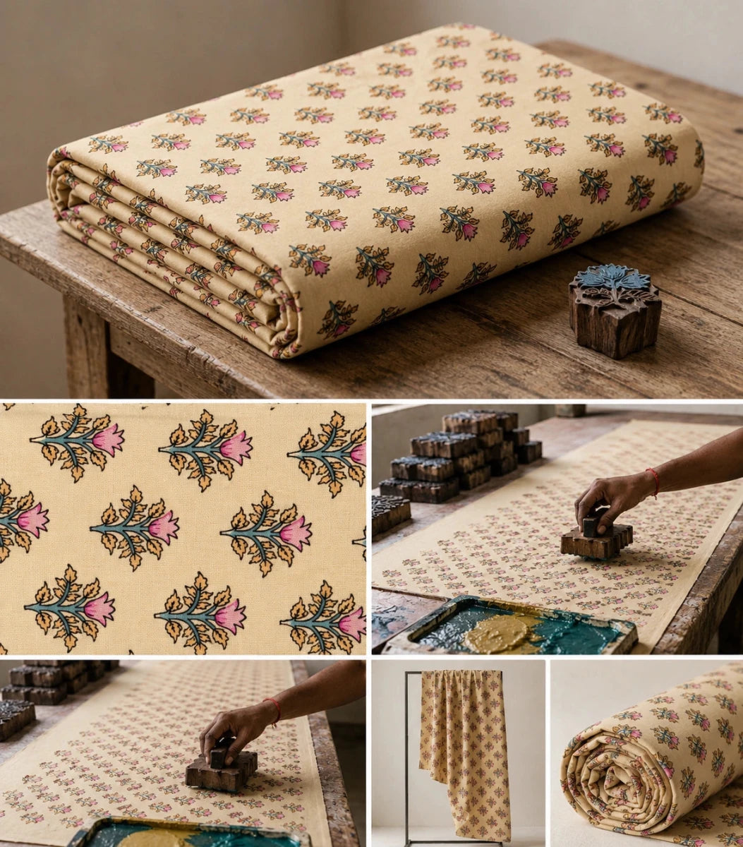 YELLOW COTTON HAND BLOCK FABRIC - Pomcha Jaipur