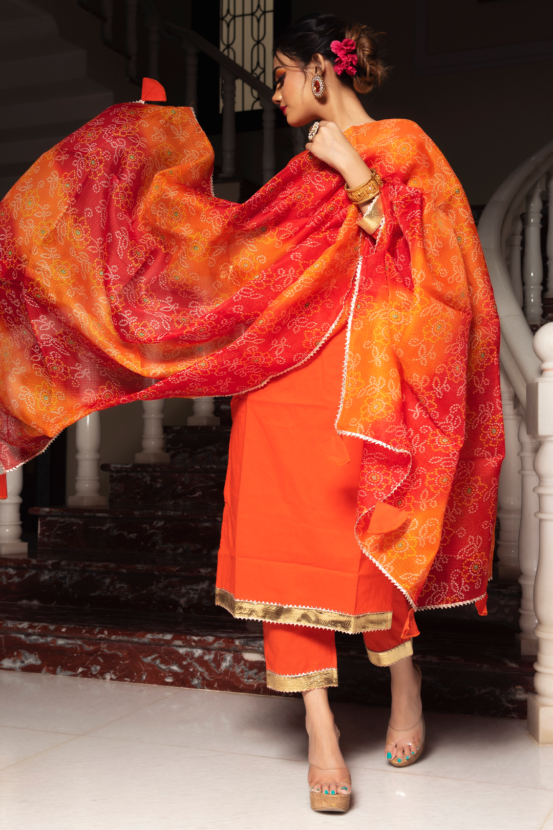 BLOOM ORANGE COTTON SUIT SET - Pomcha Jaipur