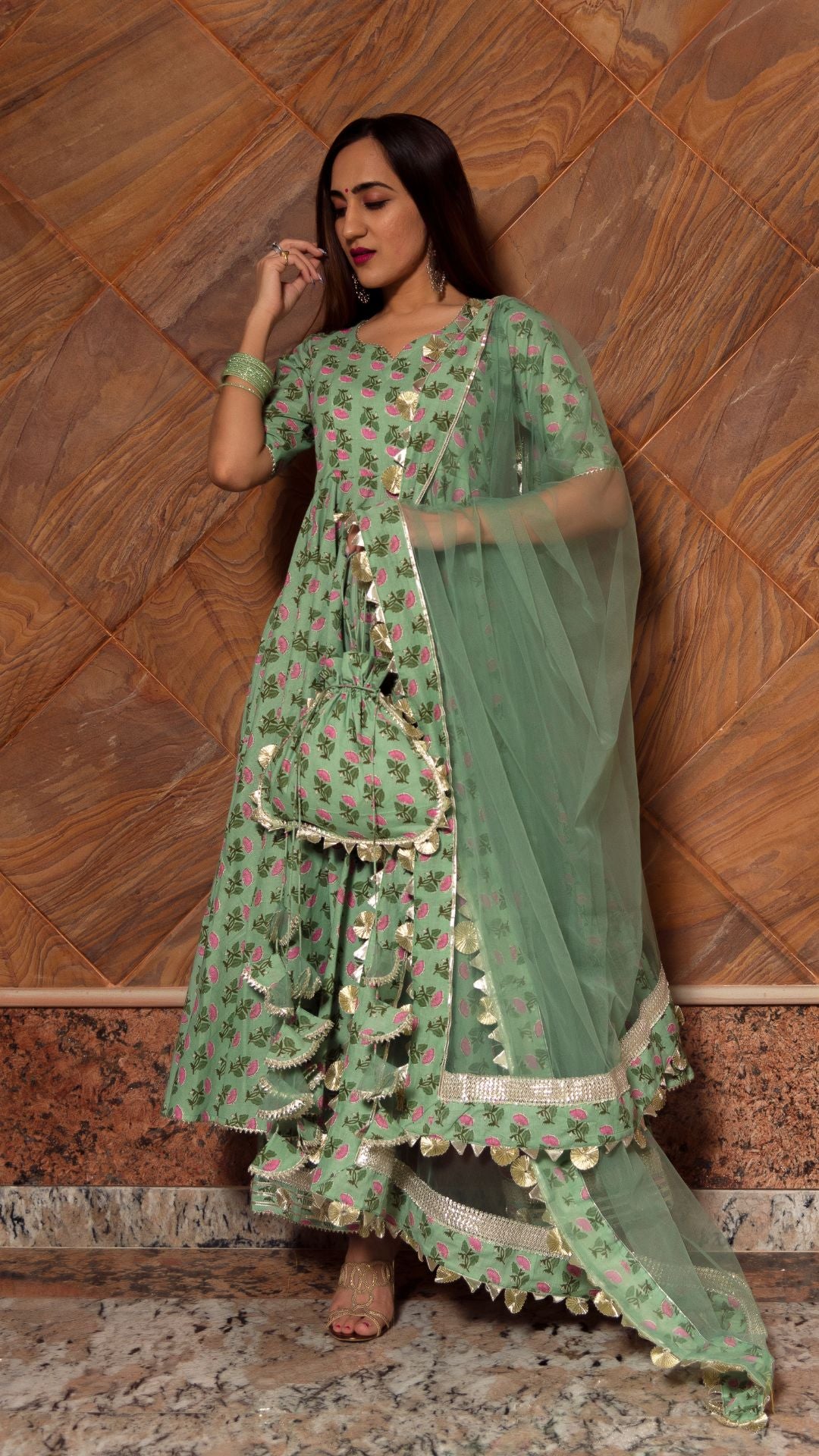 GREEN PAISELY COTTON HAND BLOCK ANARKALI SET - Pomcha Jaipur