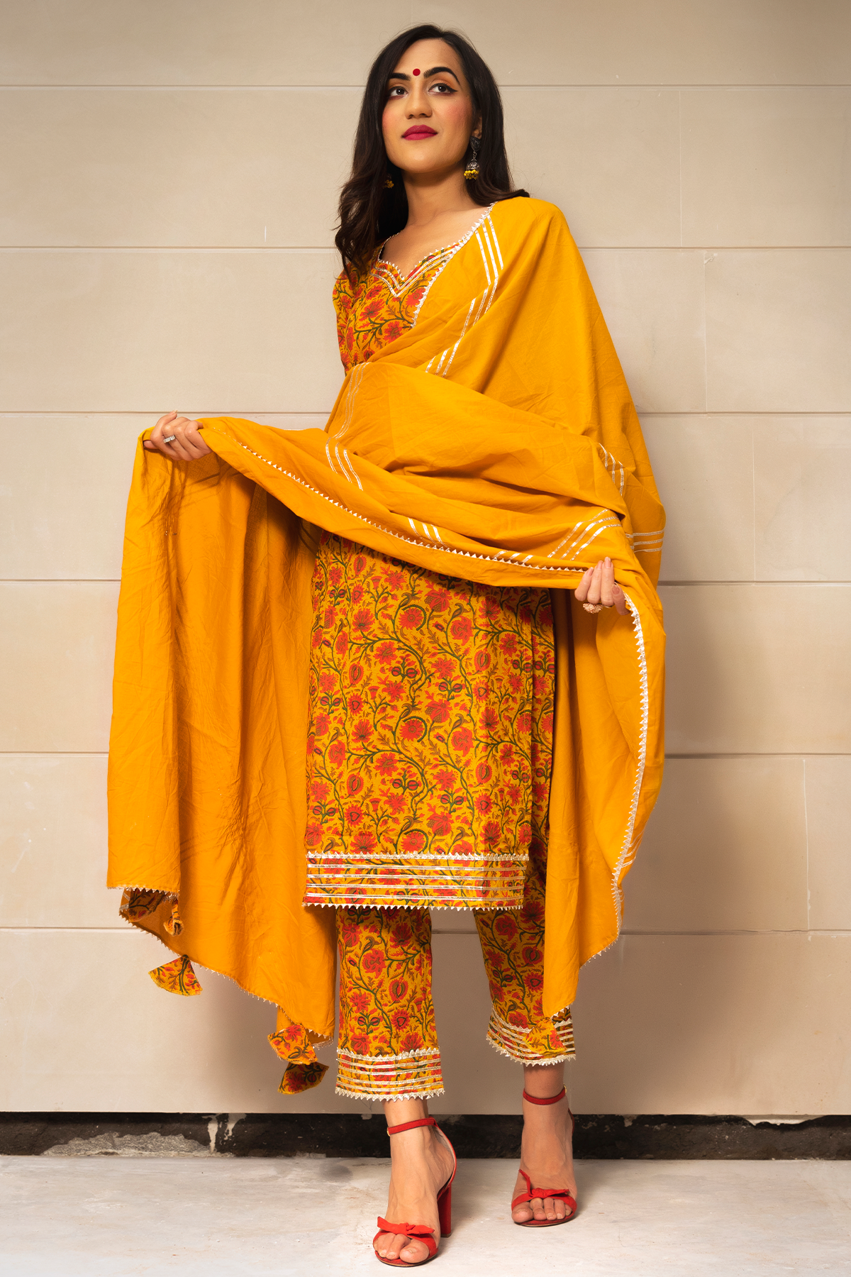 Mustard Yellow Party Wear Embroidered Cotton Kurti Pant Set With Dupatta