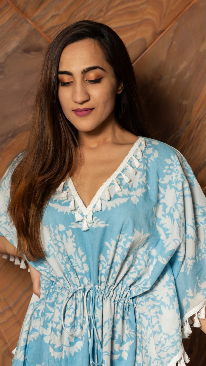 PEONY WHITE COTTON KAFTAN DRESS - Pomcha Jaipur