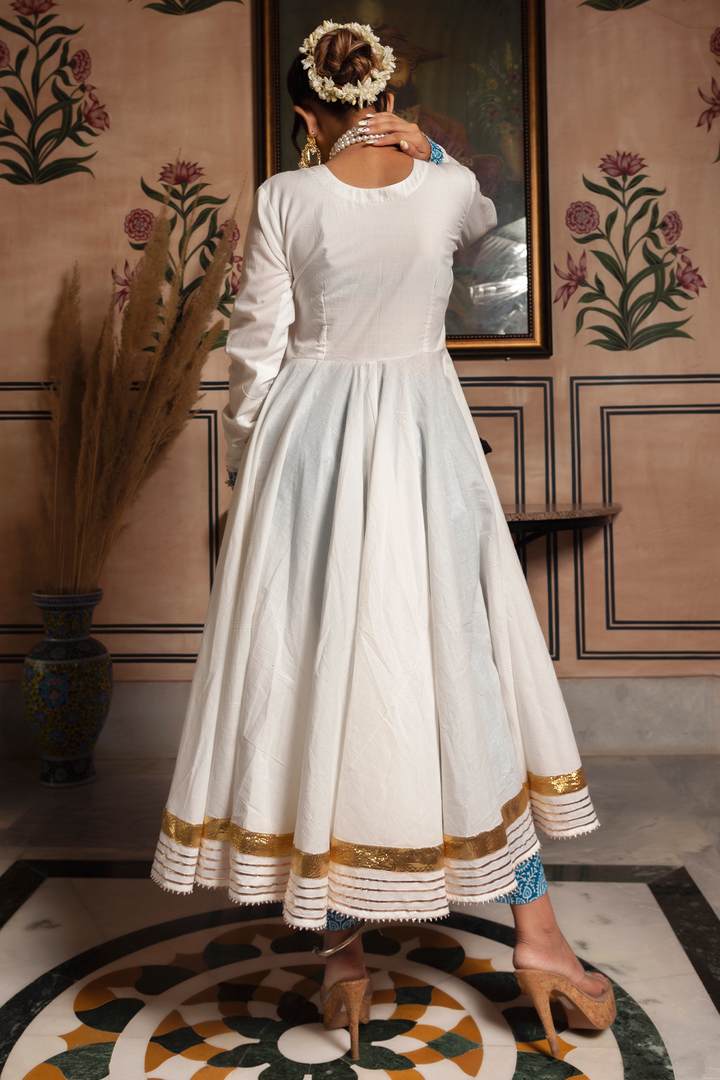 WHITE MOGRA PURE COTTON ANGRAKHA SET - Pomcha Jaipur