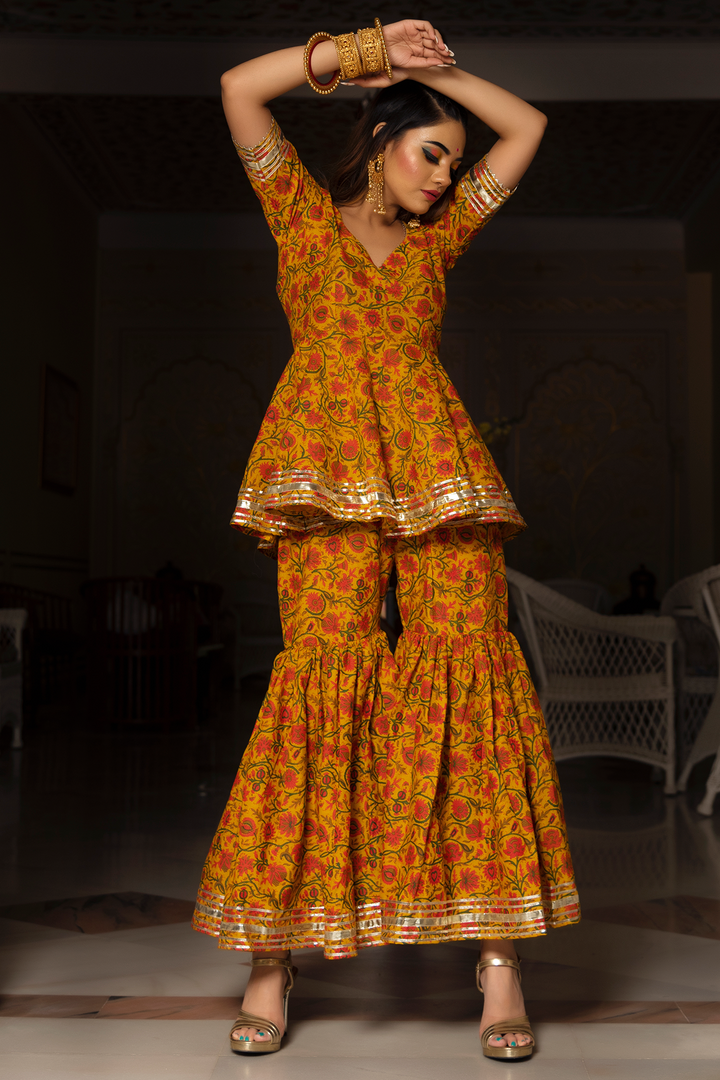 Printed Mustard Yellow Cotton Sharara Suit Set – Pomcha Jaipur