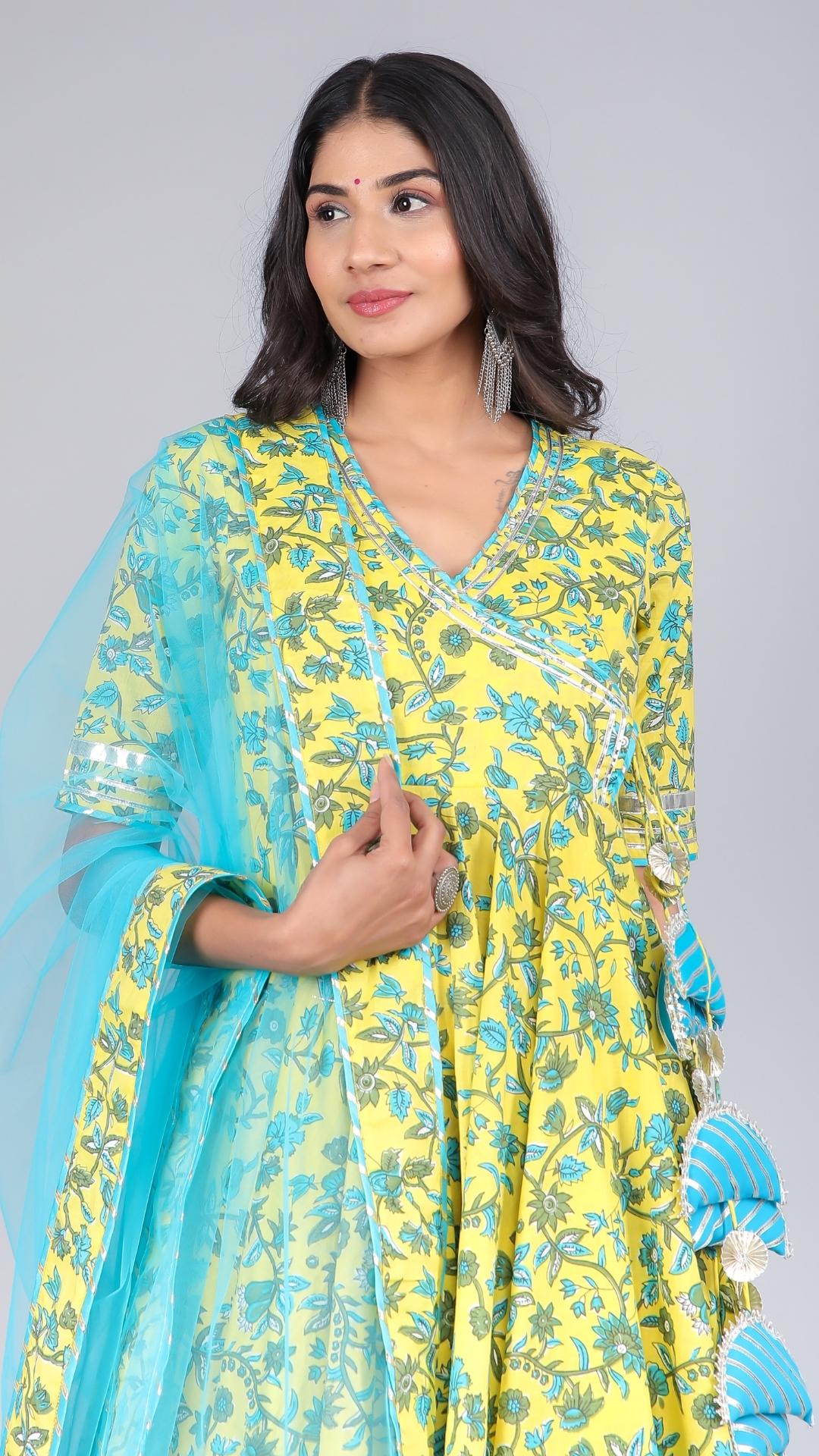 YELLOW PAISELY JAAL COTTON ANGRAKHA SET