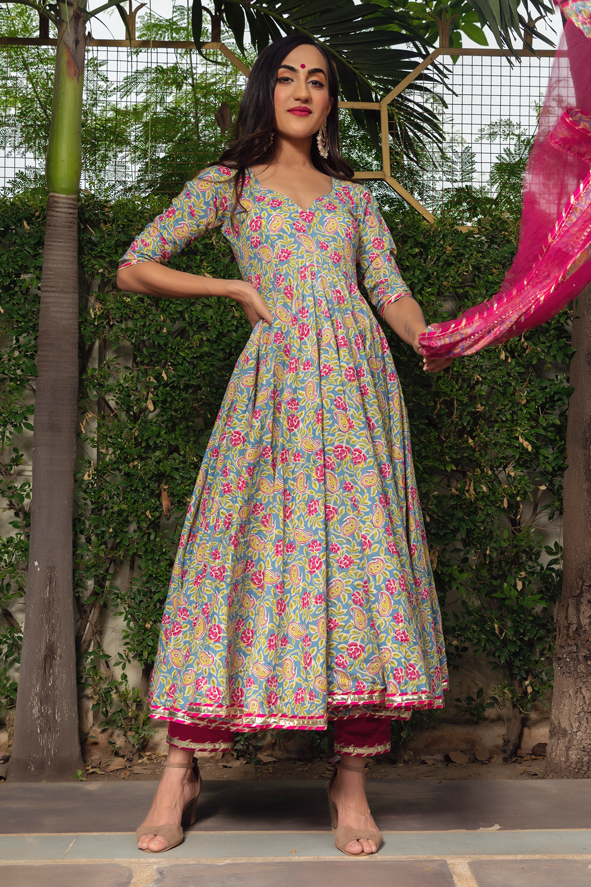 Cotton readymade anarkali kurti teal green shade with allover floral p –  Maatshi