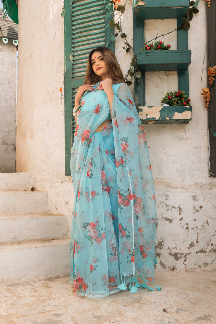 CHAAND BLUE & RED ORGANZA SAREE - Pomcha Jaipur
