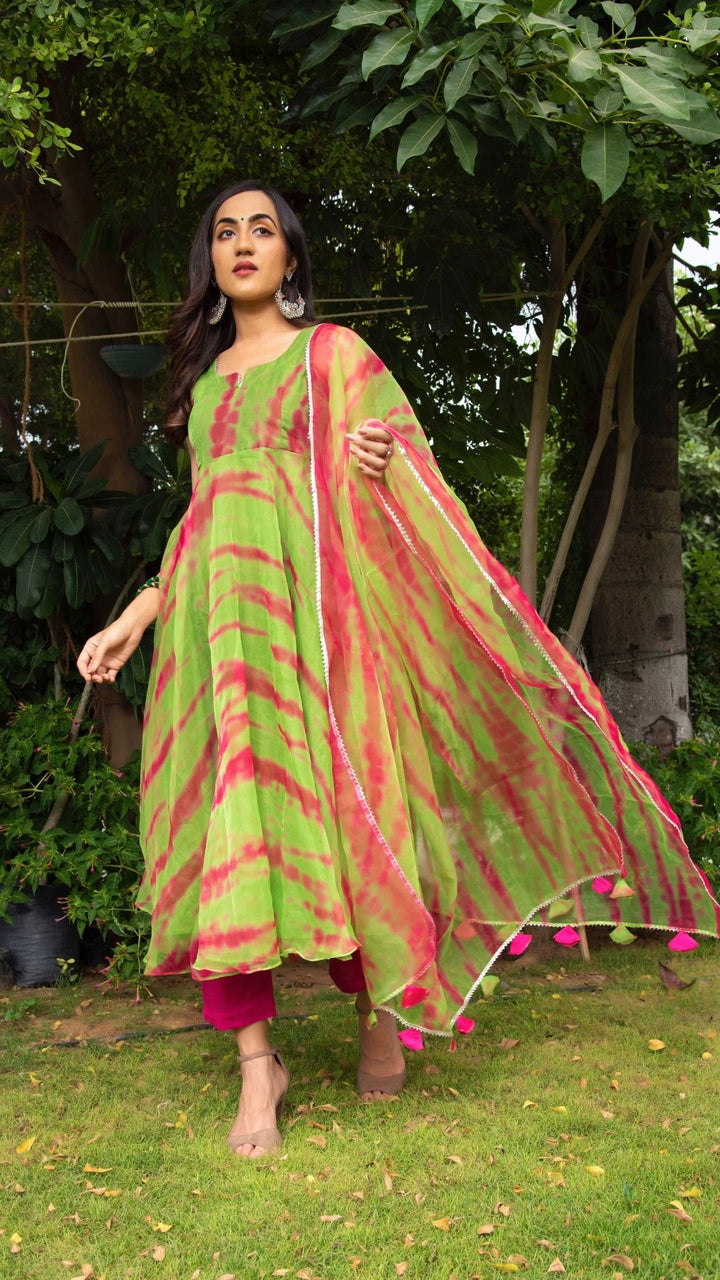 Tie and dye green organza anrkali set - Pomcha Jaipur