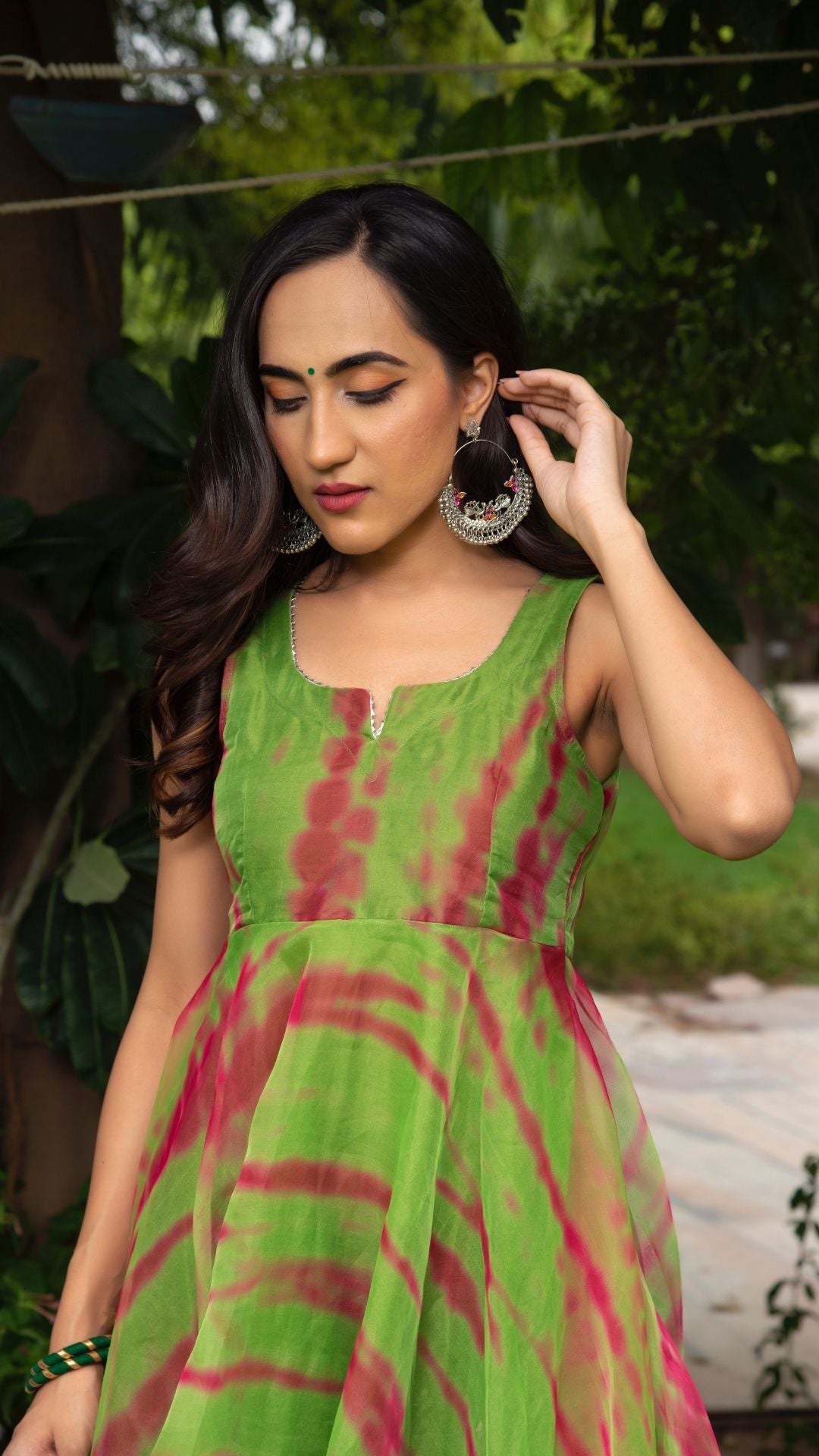 Tie and dye green organza anrkali set - Pomcha Jaipur