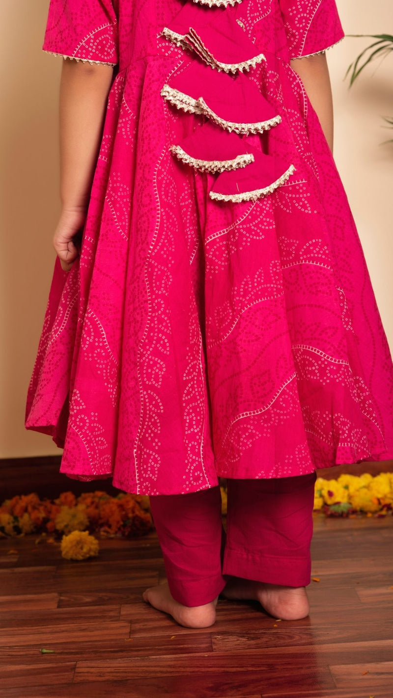 Bachpan bhandhej pink cotton anarkaliu set - Pomcha Jaipur