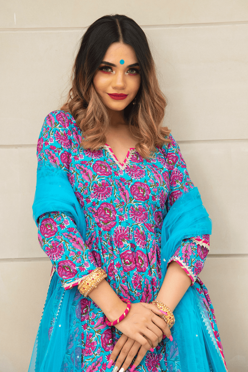 CHITRA HAND BLOCK COTTON ANARKALI SET - Pomcha Jaipur