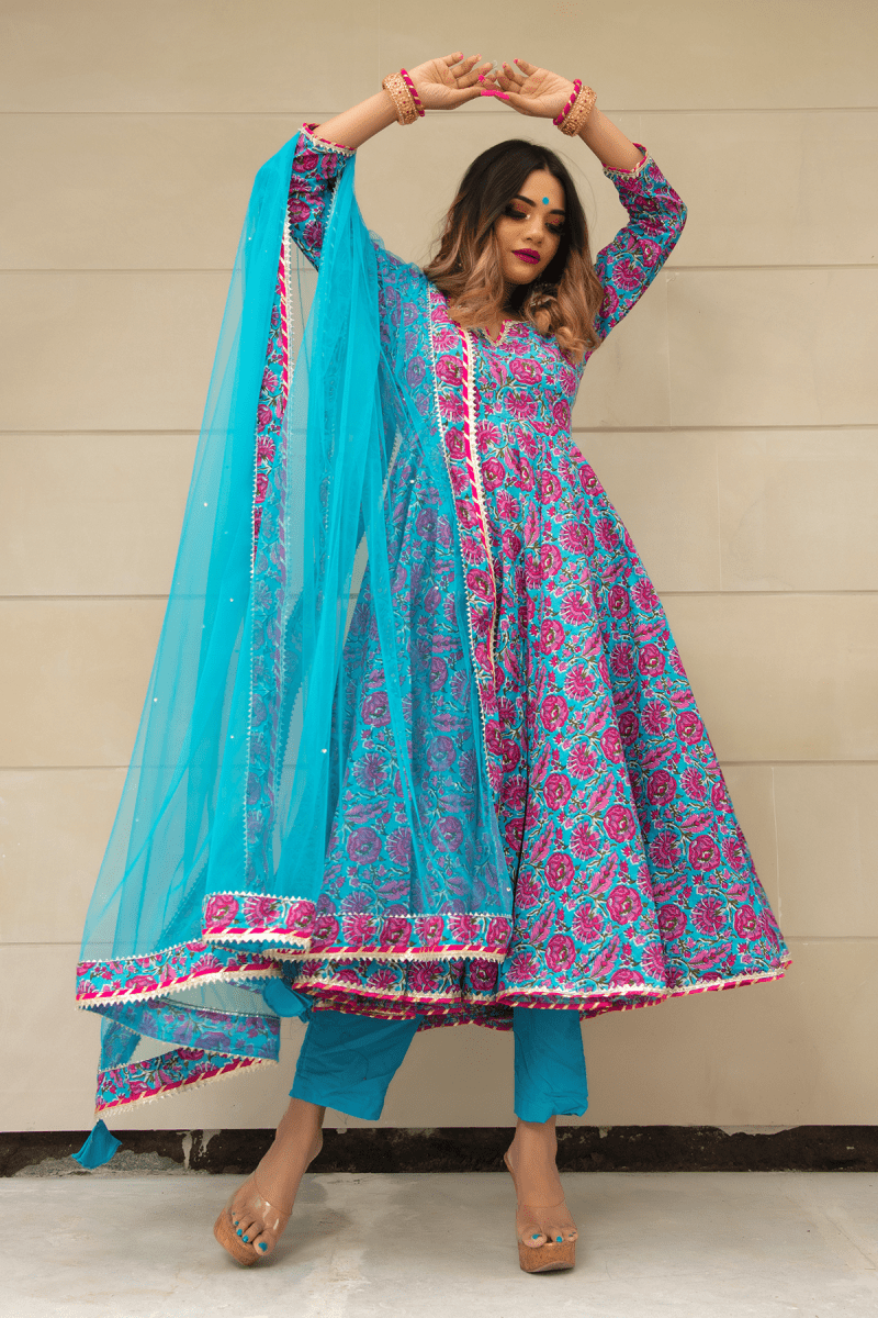 CHITRA HAND BLOCK COTTON ANARKALI SET - Pomcha Jaipur