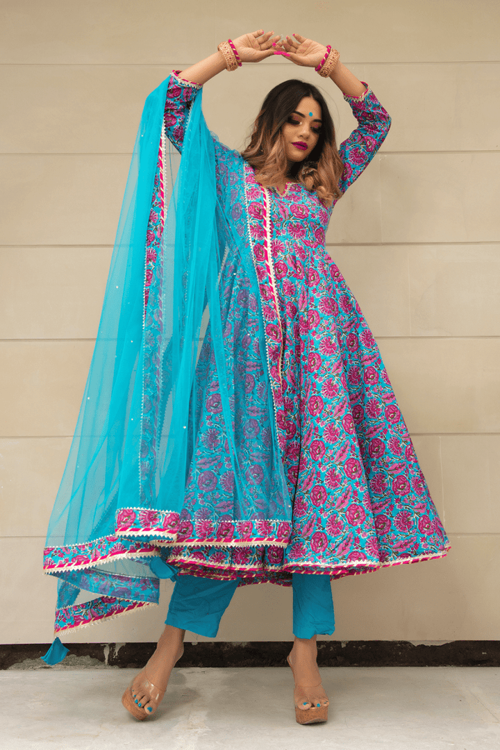 CHITRA HAND BLOCK COTTON ANARKALI SET - Pomcha Jaipur