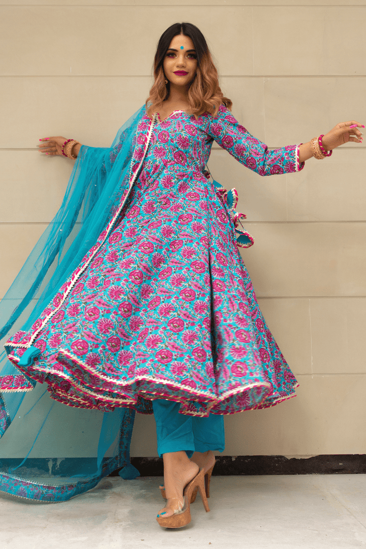 CHITRA HAND BLOCK COTTON ANARKALI SET - Pomcha Jaipur