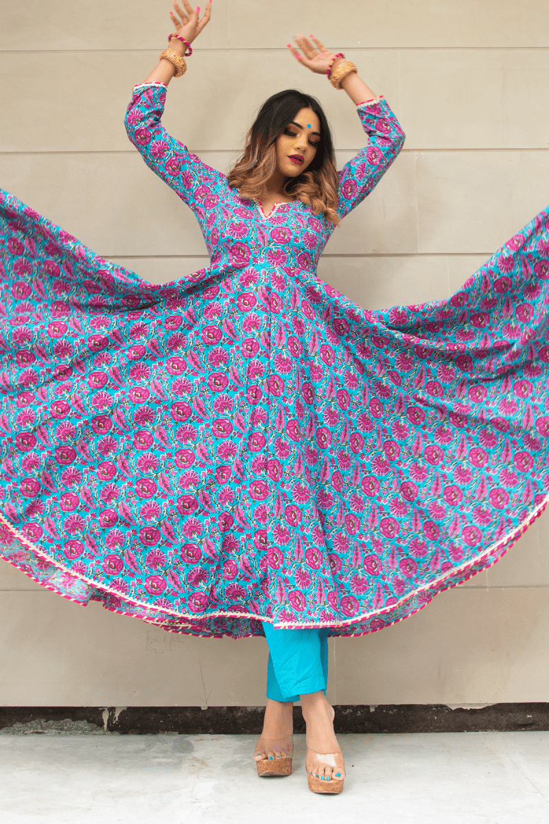 CHITRA HAND BLOCK COTTON ANARKALI SET - Pomcha Jaipur