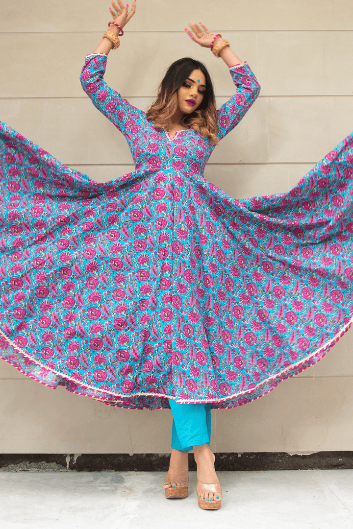 CHITRA HAND BLOCK COTTON ANARKALI SET - Pomcha Jaipur