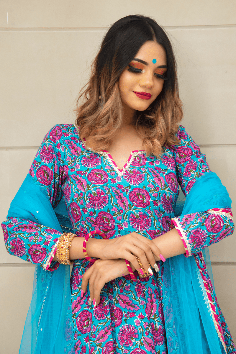 CHITRA HAND BLOCK COTTON ANARKALI SET - Pomcha Jaipur