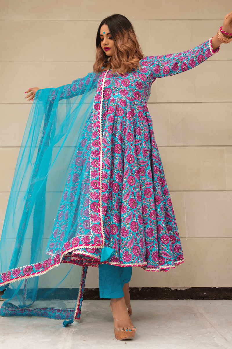 CHITRA HAND BLOCK COTTON ANARKALI SET - Pomcha Jaipur