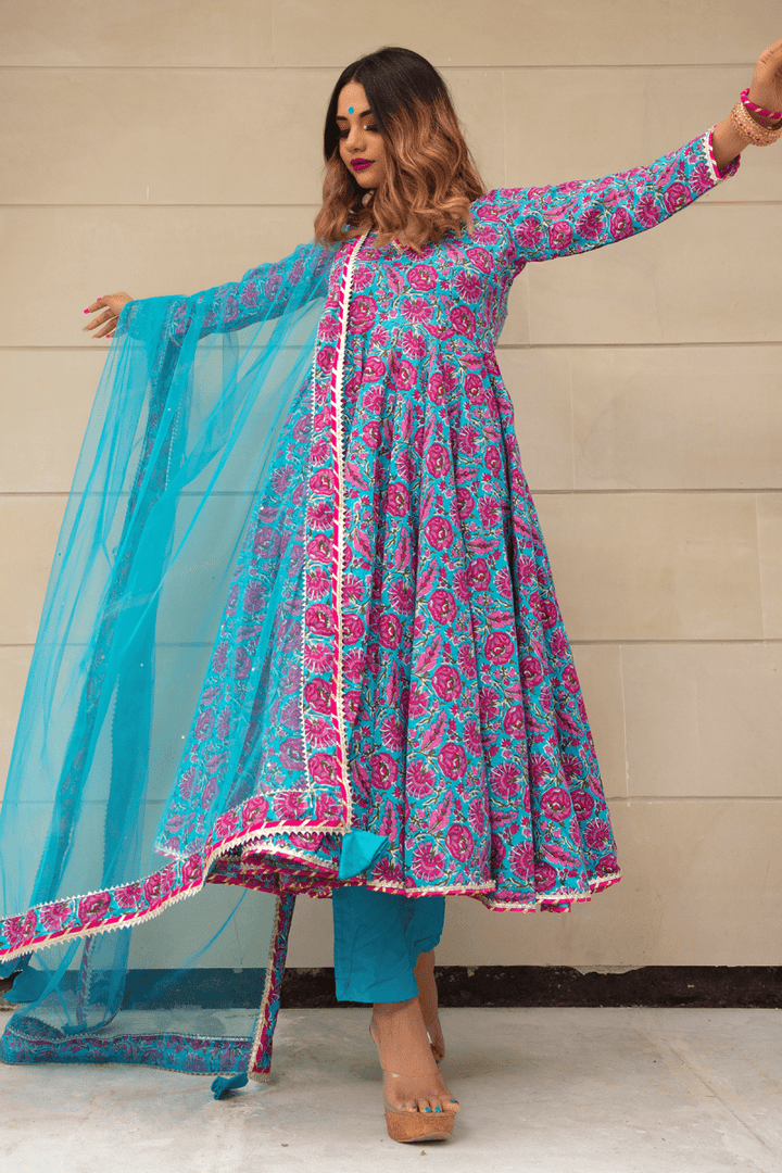 CHITRA HAND BLOCK COTTON ANARKALI SET - Pomcha Jaipur