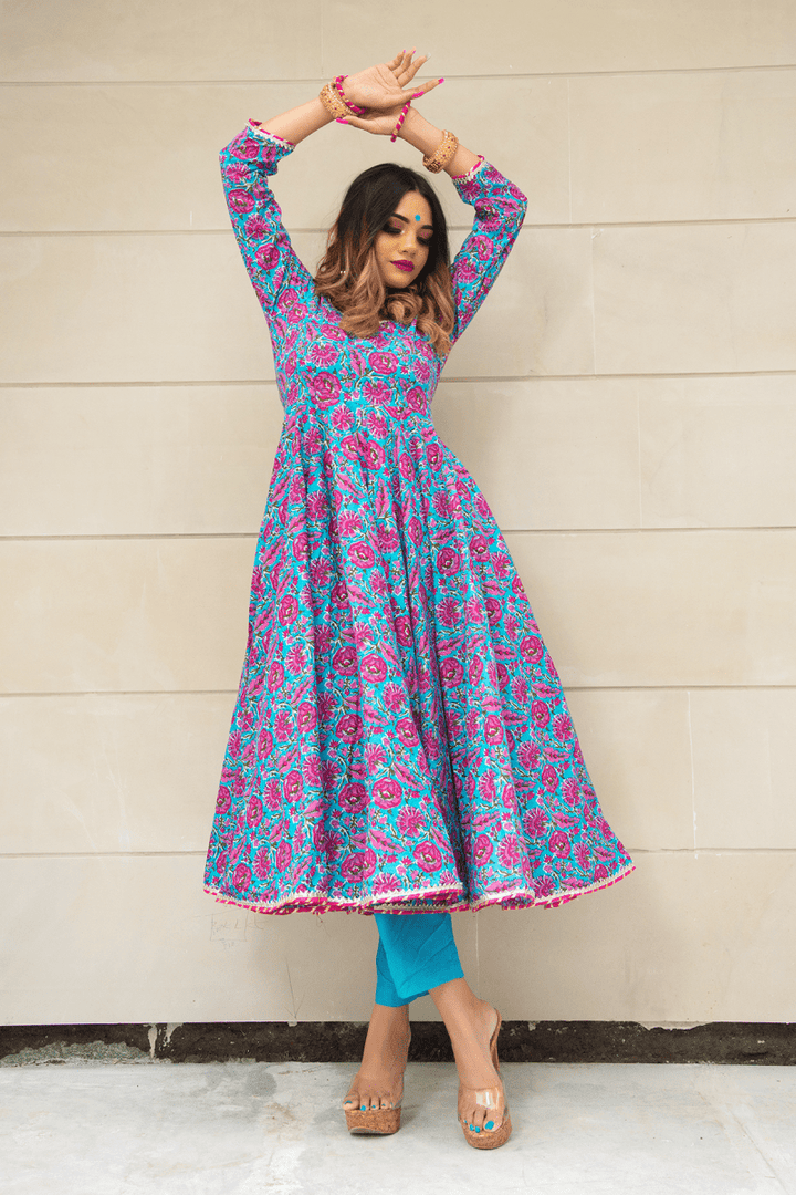 CHITRA HAND BLOCK COTTON ANARKALI SET - Pomcha Jaipur