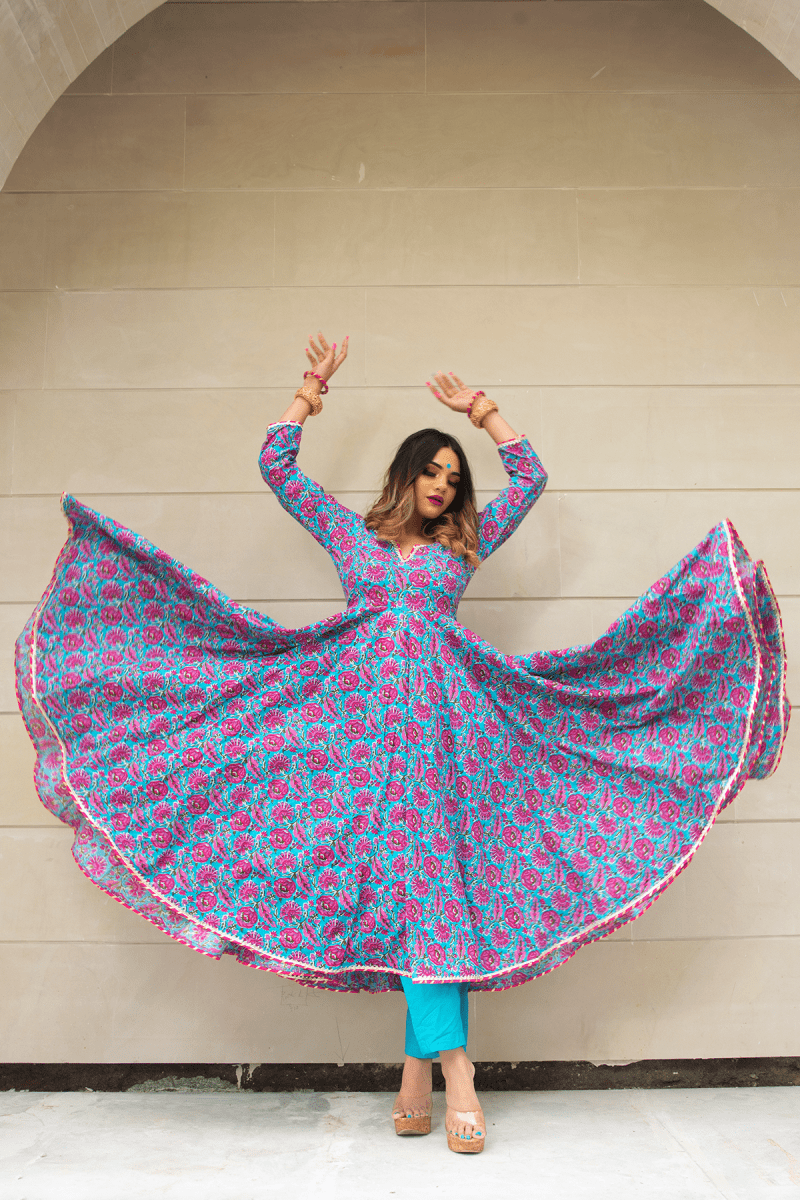 CHITRA HAND BLOCK COTTON ANARKALI SET - Pomcha Jaipur
