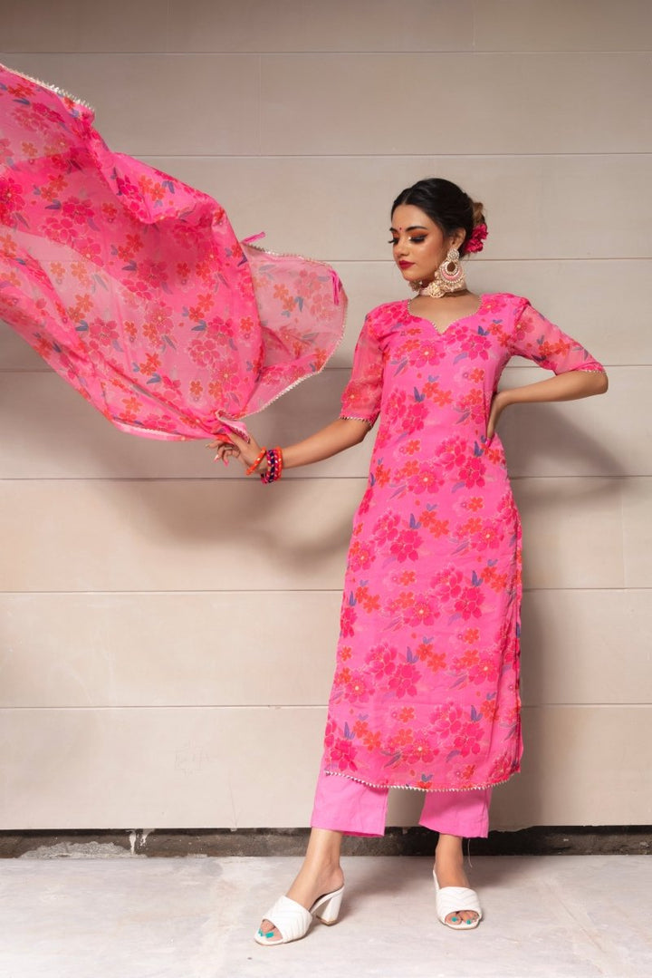COSMOS PINK CHINNON CHIFFON SUIT SET - Pomcha Jaipur