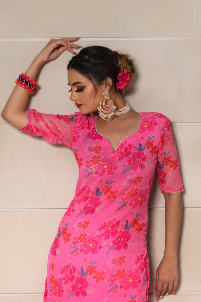 COSMOS PINK CHINNON CHIFFON SUIT SET - Pomcha Jaipur