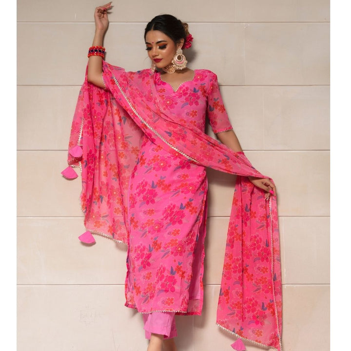 COSMOS PINK CHINNON CHIFFON SUIT SET - Pomcha Jaipur