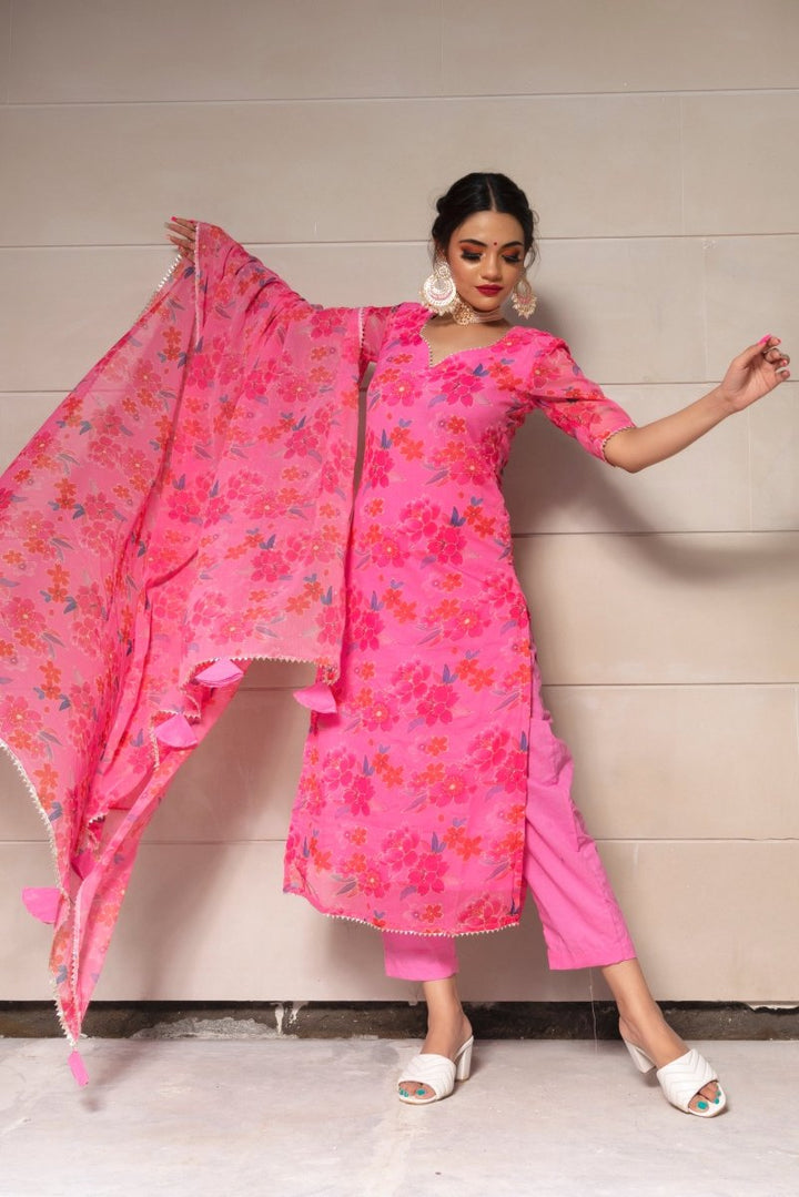 COSMOS PINK CHINNON CHIFFON SUIT SET - Pomcha Jaipur