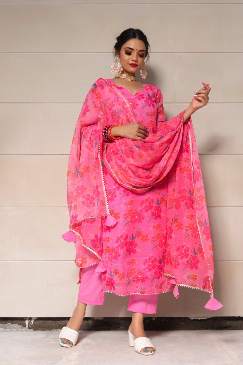 COSMOS PINK CHINNON CHIFFON SUIT SET - Pomcha Jaipur