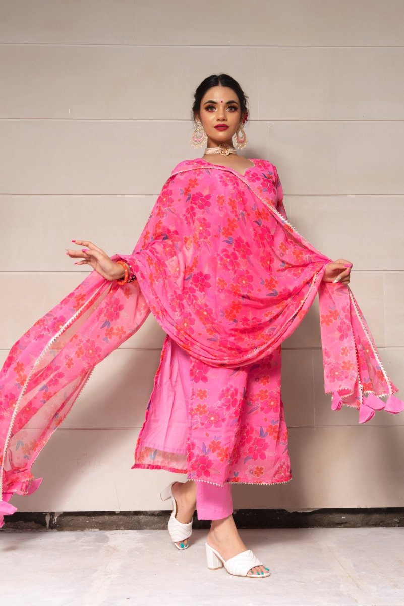COSMOS PINK CHINNON CHIFFON SUIT SET - Pomcha Jaipur