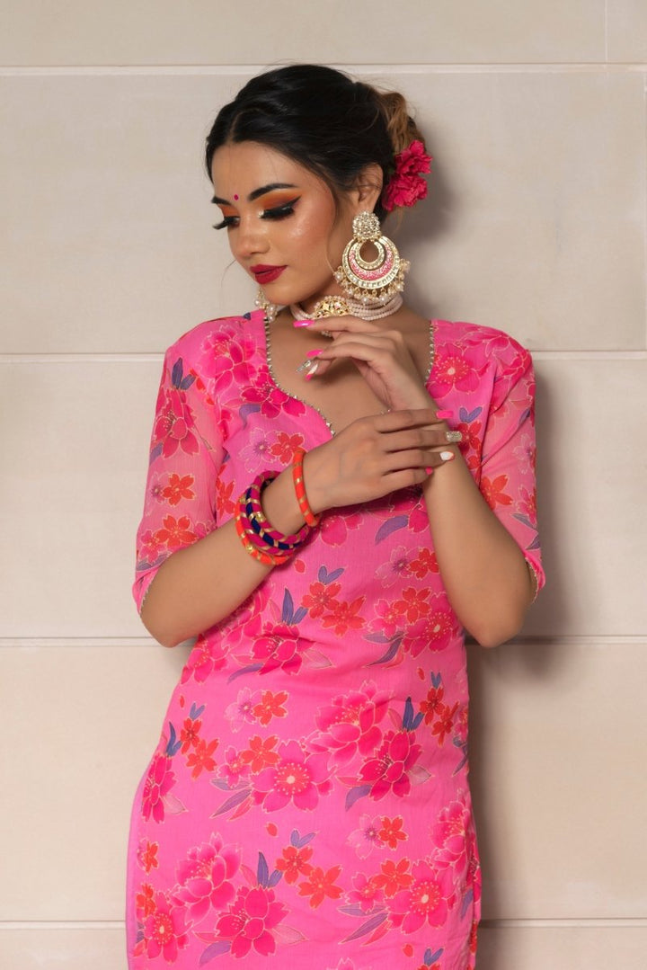 COSMOS PINK CHINNON CHIFFON SUIT SET - Pomcha Jaipur