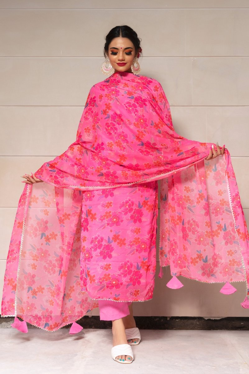 COSMOS PINK CHINNON CHIFFON SUIT SET - Pomcha Jaipur