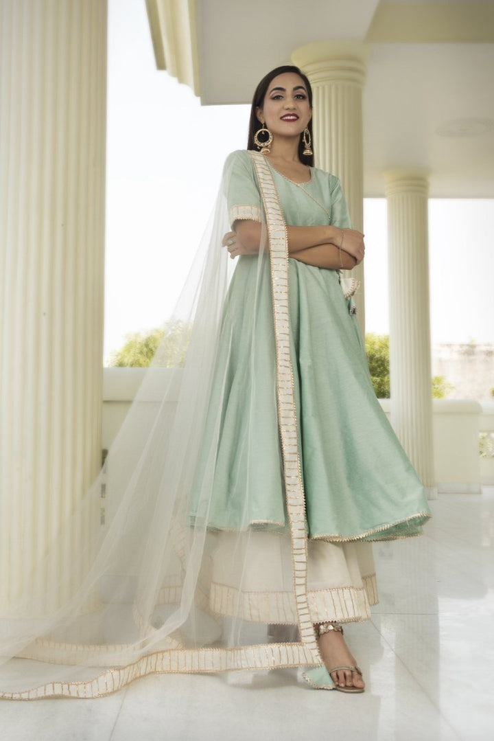 COTTON SILK MINT ANGRAKHA WITH PLAZZO SET AND SOFT NET DUPATTA - Pomcha Jaipur