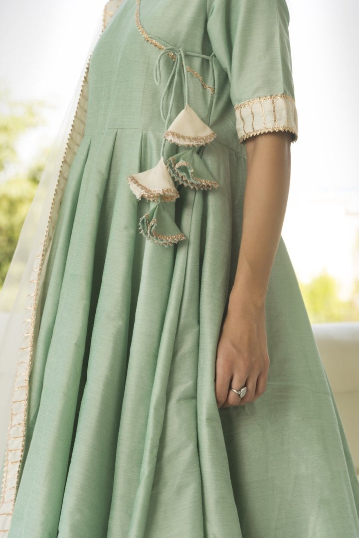 COTTON SILK MINT ANGRAKHA WITH PLAZZO SET AND SOFT NET DUPATTA - Pomcha Jaipur