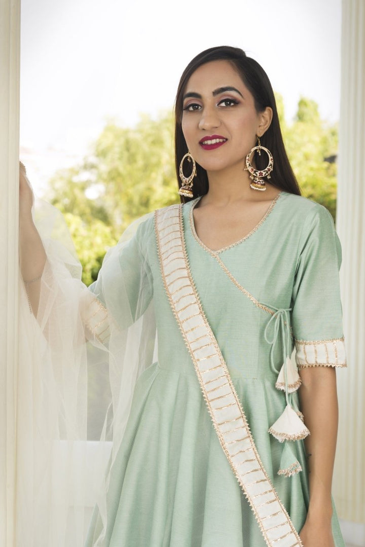COTTON SILK MINT ANGRAKHA WITH PLAZZO SET AND SOFT NET DUPATTA - Pomcha Jaipur