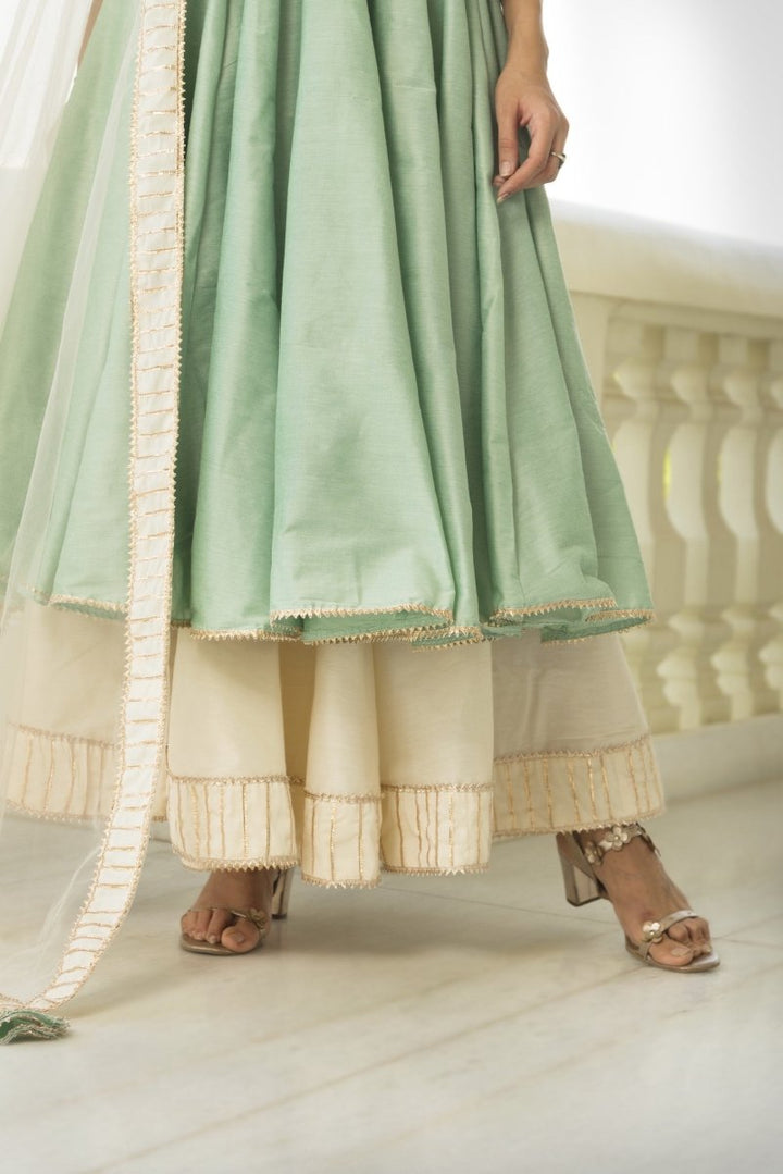 COTTON SILK MINT ANGRAKHA WITH PLAZZO SET AND SOFT NET DUPATTA - Pomcha Jaipur