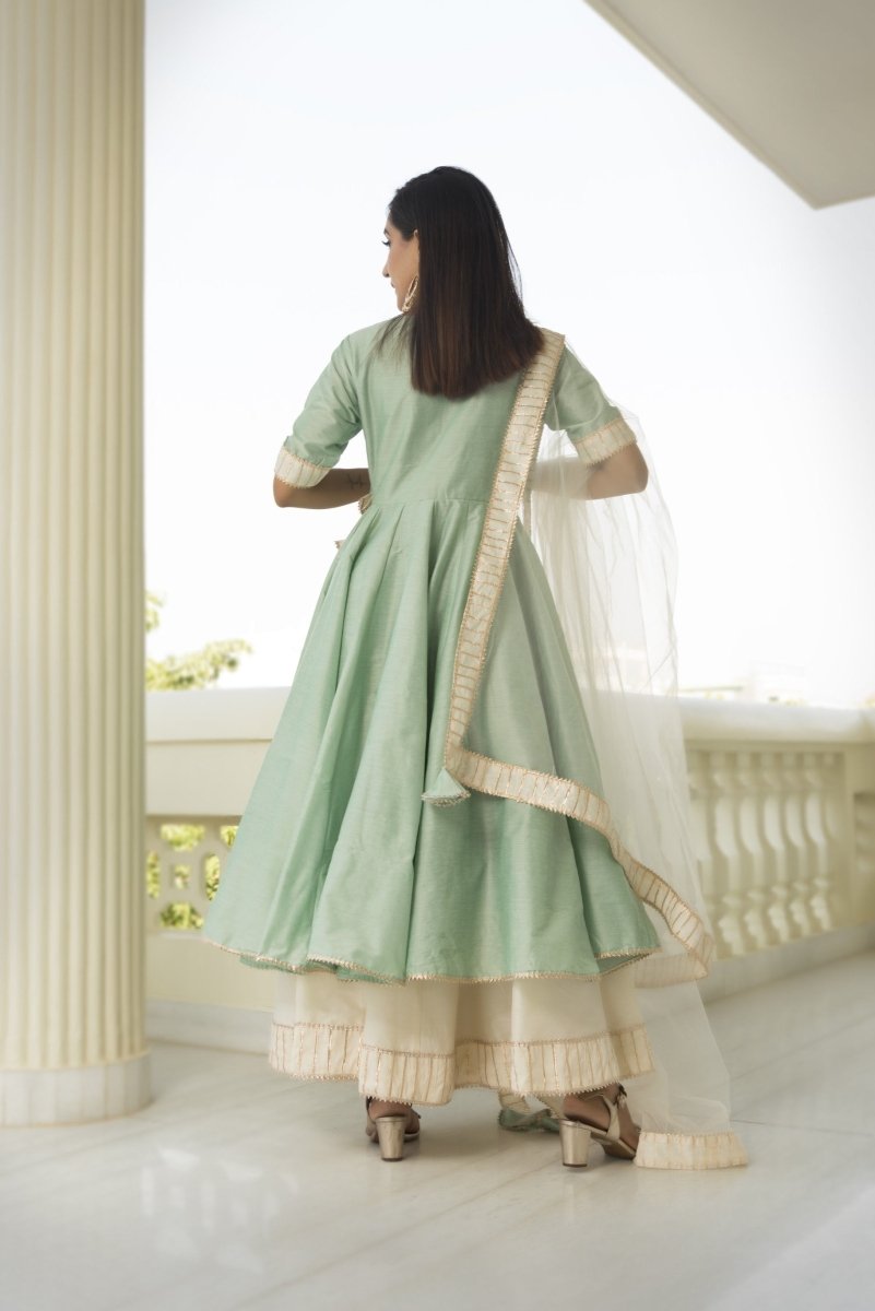 COTTON SILK MINT ANGRAKHA WITH PLAZZO SET AND SOFT NET DUPATTA - Pomcha Jaipur