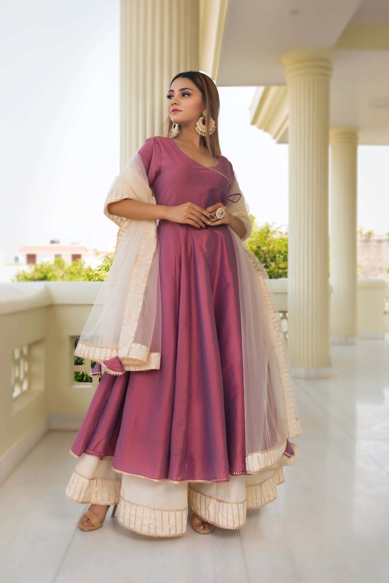 COTTON SILK PURPLE ANGRAKHA WITH PLAZZO AND SOFT NET DUPATTA SET - Pomcha Jaipur