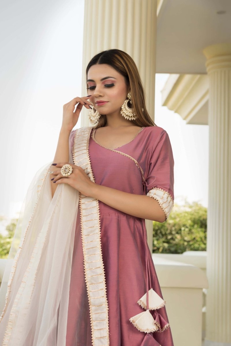 COTTON SILK PURPLE ANGRAKHA WITH PLAZZO AND SOFT NET DUPATTA SET - Pomcha Jaipur